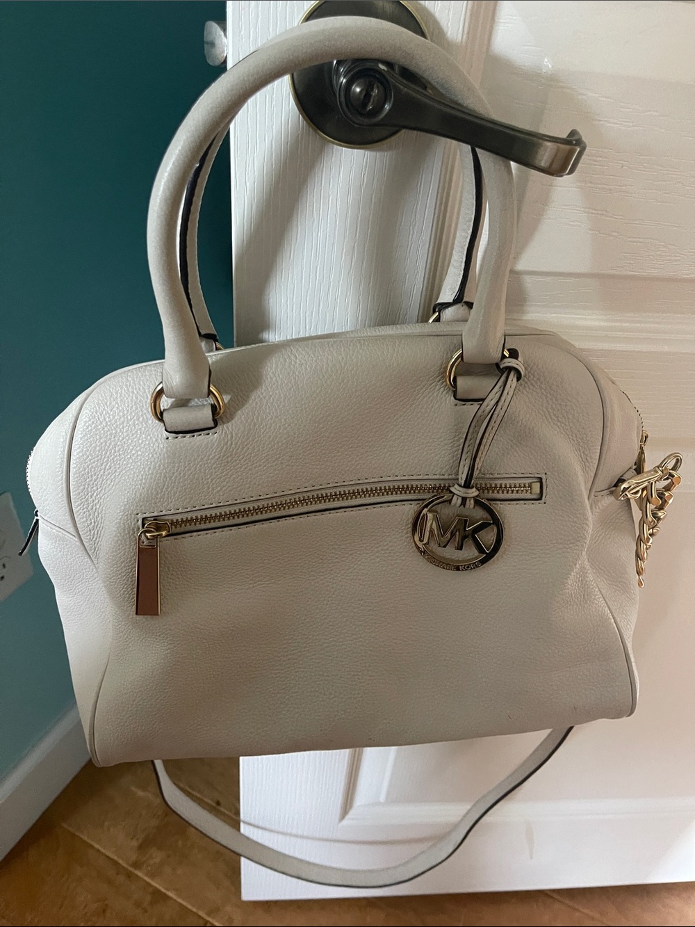 Michael Kors White Pebbled Leather Satchel with Gold Accent